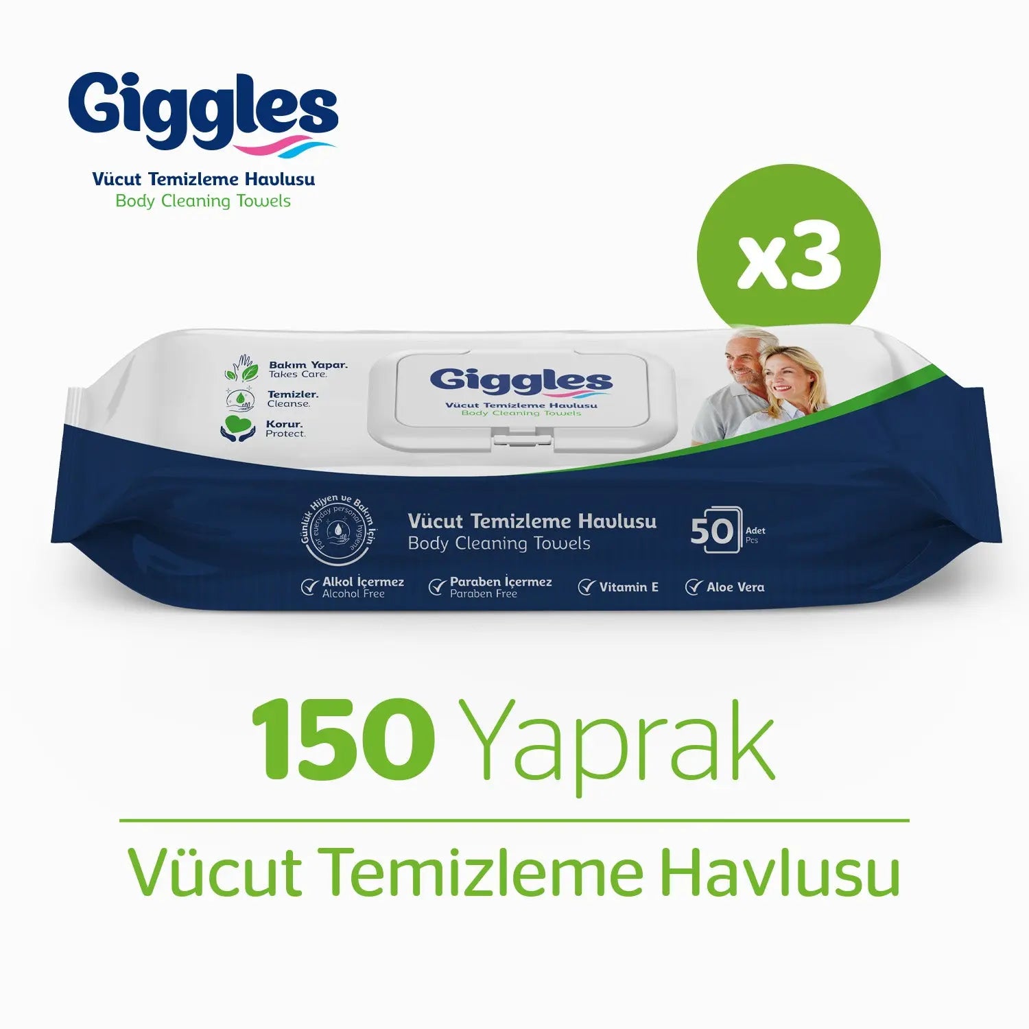 Giggles Vücut Temizleme Havlusu 50'li 3 Paket Lento Medikal