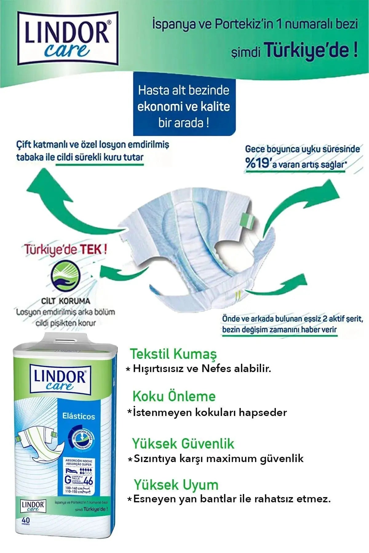 Lindor Care-Bağlamalı Hasta Bezi 7 Damla Aloe Vera Losyonlu Medium Beden 40lı Lento Medikal
