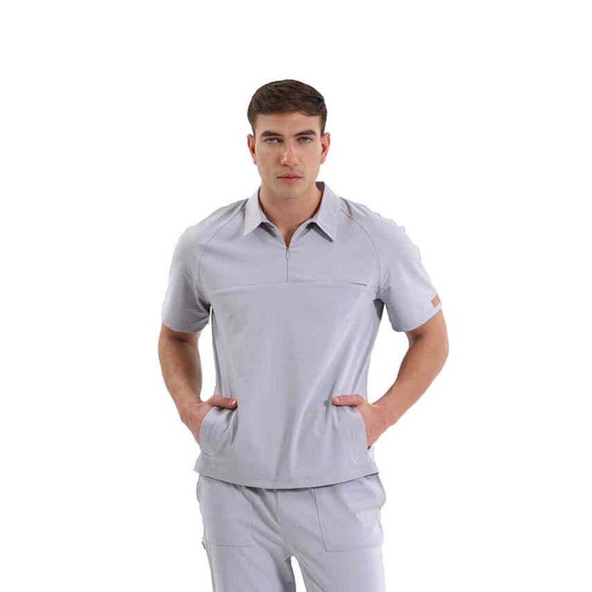 BRL MEDİMEN | TEK ÜST Reglan Kol Gizli Fermuarlı Gömlek Yaka Doktor ve Hemşire Cerrahi Forması Gri