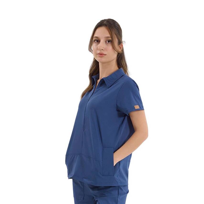 BRL MEDİNİLLA | Tek Üst Yandan Cepli Gizli Fermuar Polo Yaka Doktor Hemşire Cerrahi Forma Açık Lacivert