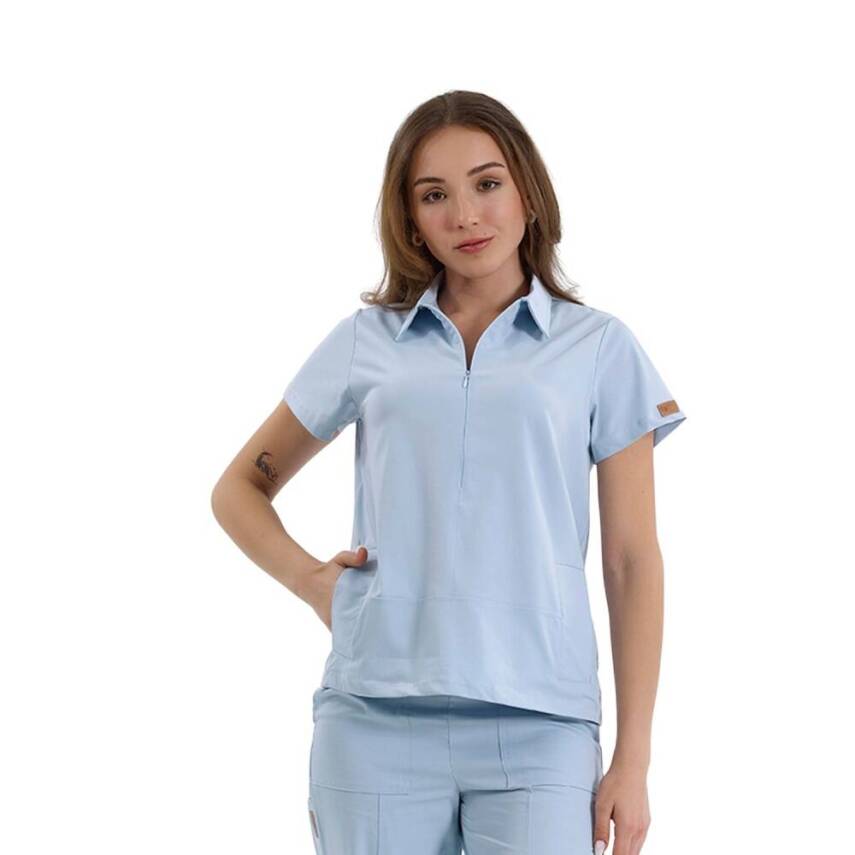 BRL MEDİNİLLA | Tek Üst Yandan Cepli Gizli Fermuar Polo Yaka Doktor Hemşire Cerrahi Forma Bebe Mavi