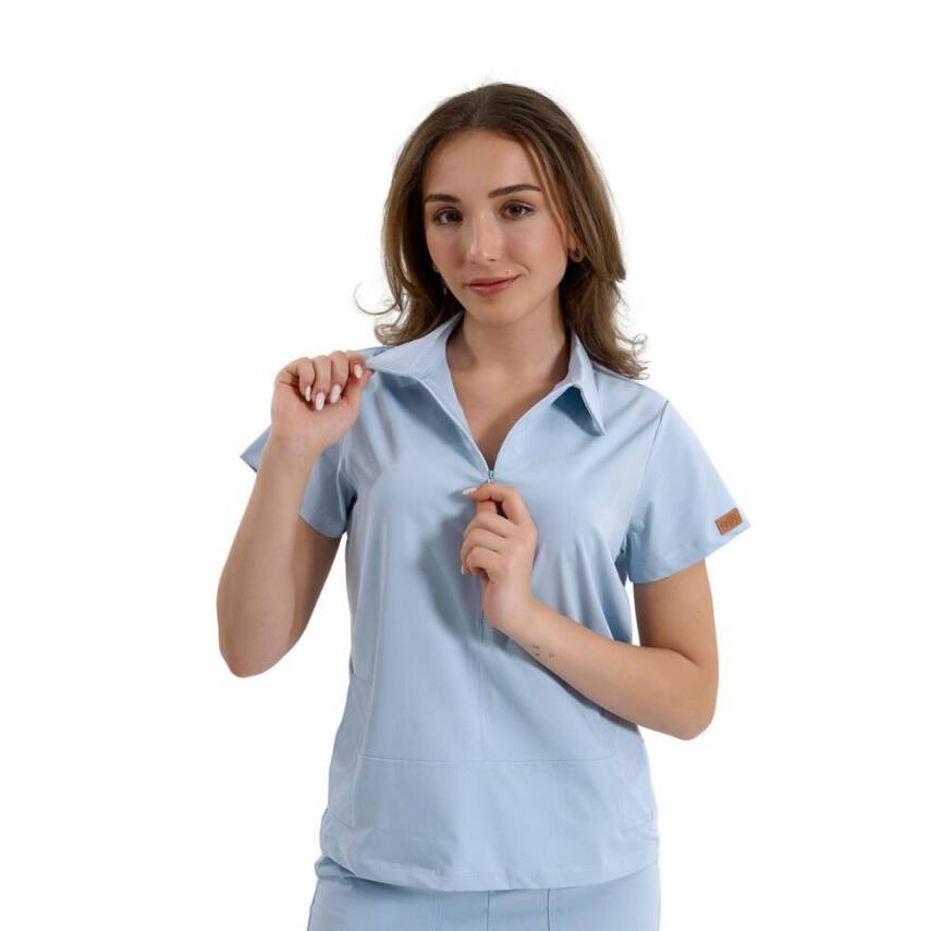 BRL MEDİNİLLA | Tek Üst Yandan Cepli Gizli Fermuar Polo Yaka Doktor Hemşire Cerrahi Forma Bebe Mavi