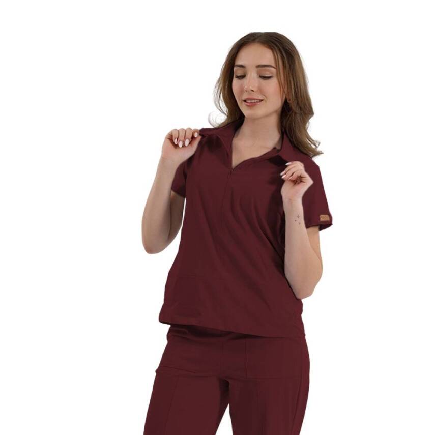 BRL MEDİNİLLA | Tek Üst Yandan Cepli Gizli Fermuar Polo Yaka Doktor Hemşire Cerrahi Forma Bordo