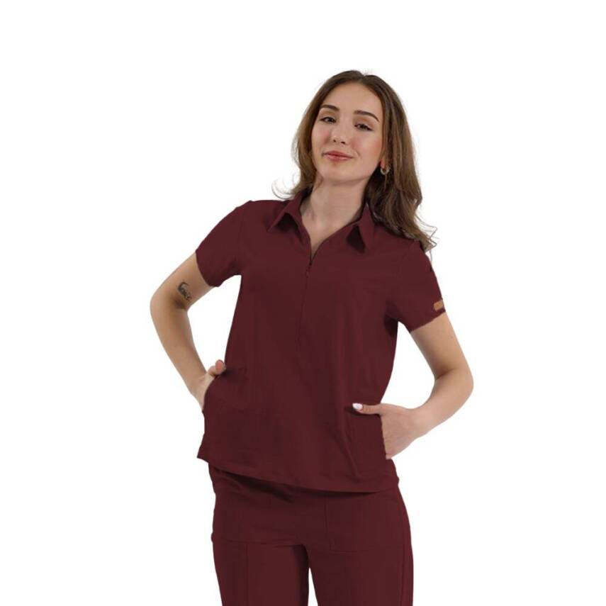 BRL MEDİNİLLA | Tek Üst Yandan Cepli Gizli Fermuar Polo Yaka Doktor Hemşire Cerrahi Forma Bordo