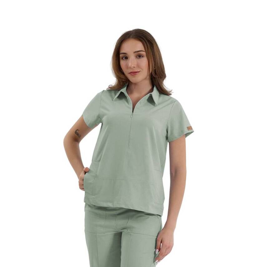 BRL MEDİNİLLA | Tek Üst Yandan Cepli Gizli Fermuar Polo Yaka Doktor Hemşire Cerrahi Forma Çağla Yeşili