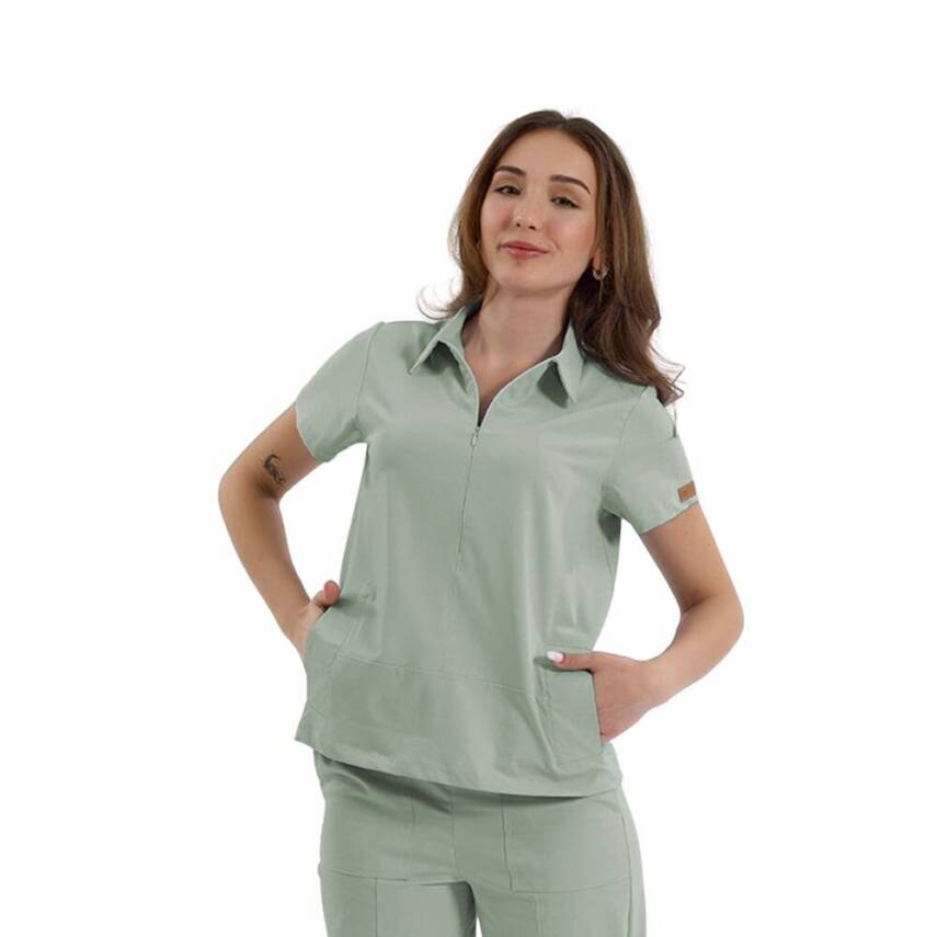 BRL MEDİNİLLA | Tek Üst Yandan Cepli Gizli Fermuar Polo Yaka Doktor Hemşire Cerrahi Forma Çağla Yeşili