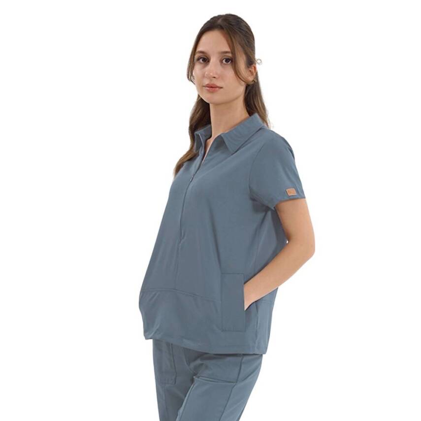 BRL MEDİNİLLA | Tek Üst Yandan Cepli Gizli Fermuar Polo Yaka Doktor Hemşire Cerrahi Forma Goblin Mavi