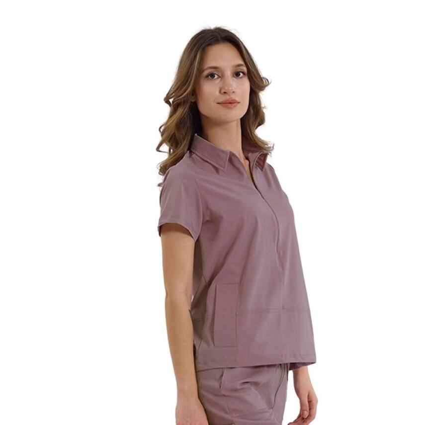 BRL MEDİNİLLA | Tek Üst Yandan Cepli Gizli Fermuar Polo Yaka Doktor Hemşire Cerrahi Forma Koyu Pudra