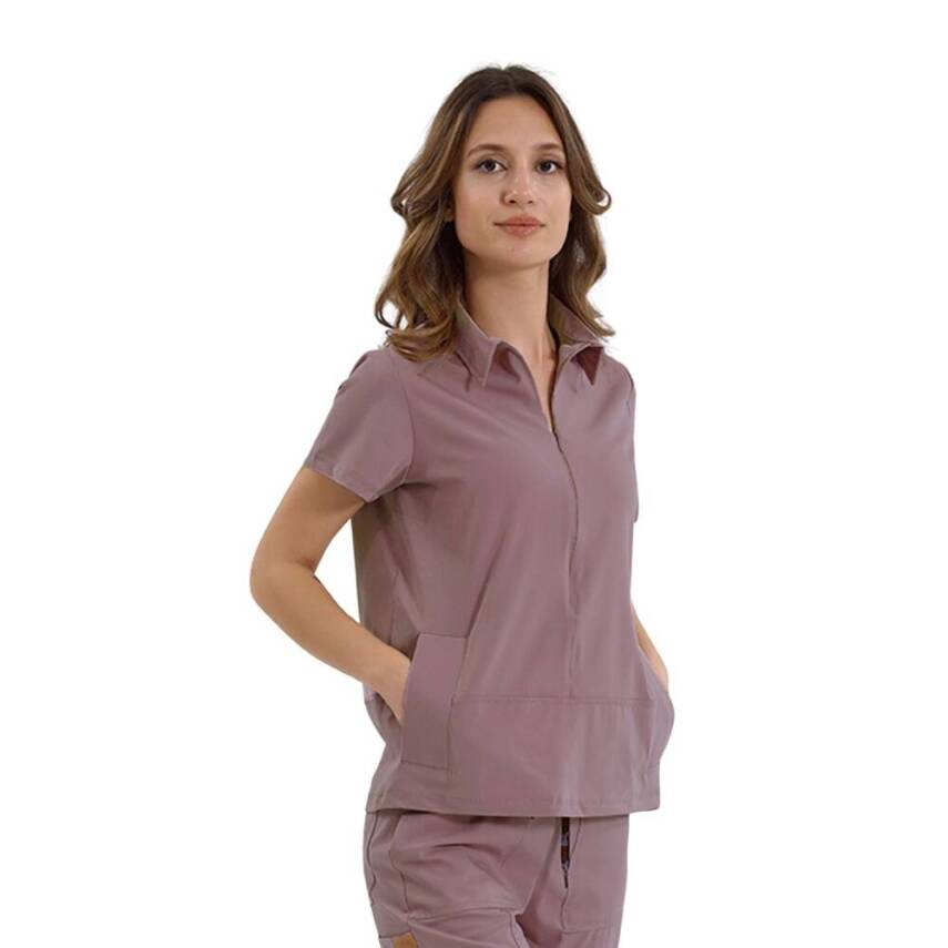 BRL MEDİNİLLA | Tek Üst Yandan Cepli Gizli Fermuar Polo Yaka Doktor Hemşire Cerrahi Forma Koyu Pudra