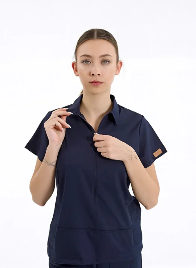 BRL MEDİNİLLA | Tek Üst Yandan Cepli Gizli Fermuar Polo Yaka Doktor Hemşire Cerrahi Forma Lacivert