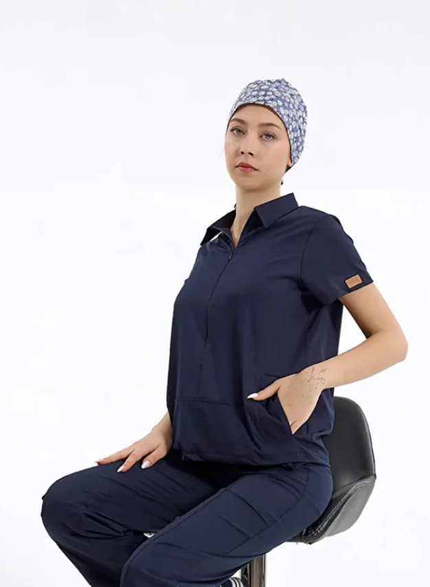 BRL MEDİNİLLA | Tek Üst Yandan Cepli Gizli Fermuar Polo Yaka Doktor Hemşire Cerrahi Forma Lacivert