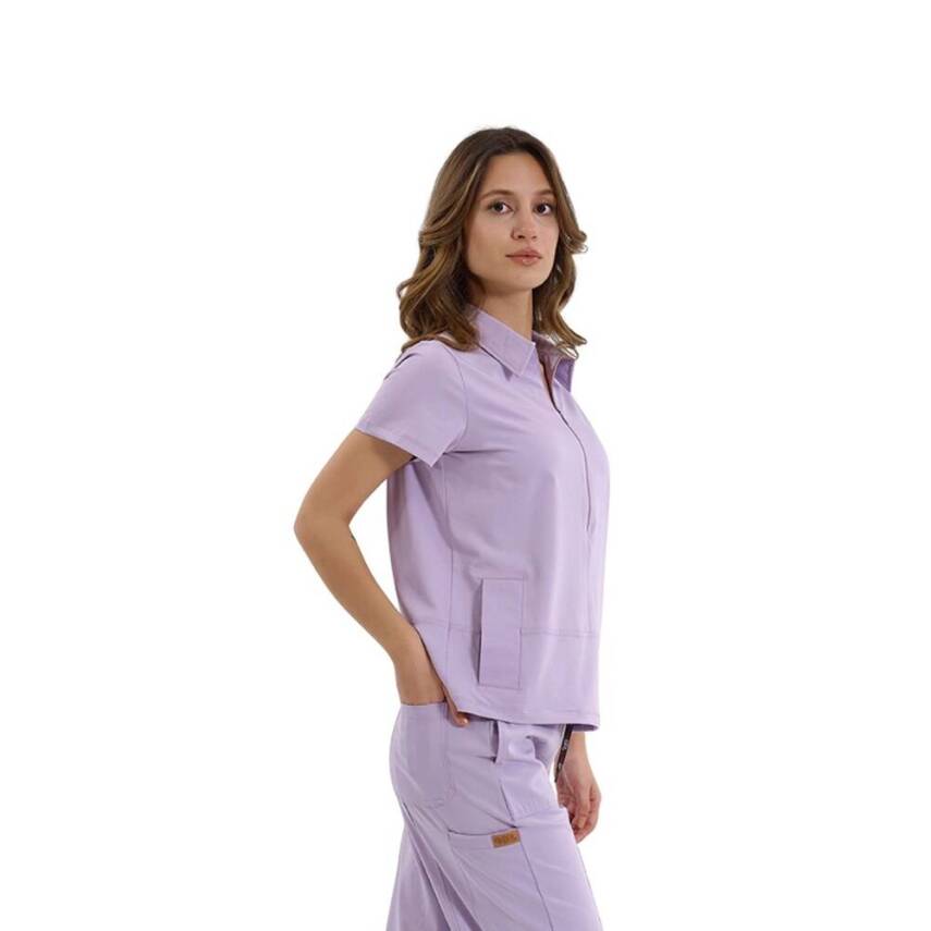 BRL MEDİNİLLA | Tek Üst Yandan Cepli Gizli Fermuar Polo Yaka Doktor Hemşire Cerrahi Forma Lila
