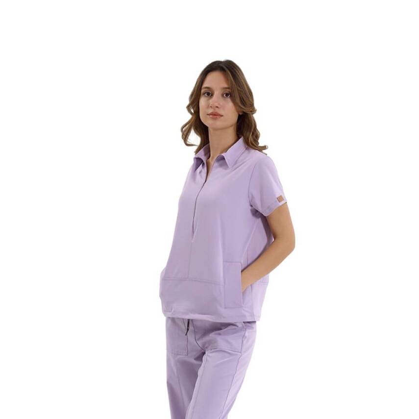 BRL MEDİNİLLA | Tek Üst Yandan Cepli Gizli Fermuar Polo Yaka Doktor Hemşire Cerrahi Forma Lila