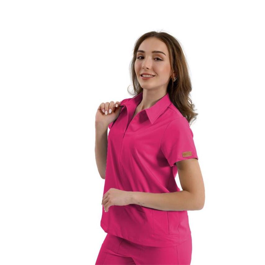 BRL MEDİNİLLA | Tek Üst Yandan Cepli Gizli Fermuar Polo Yaka Doktor Hemşire Cerrahi Forma Nar Çiçeği