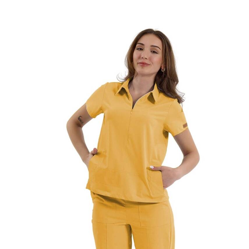 BRL MEDİNİLLA | Tek Üst Yandan Cepli Gizli Fermuar Polo Yaka Doktor Hemşire Cerrahi Forma Sarı