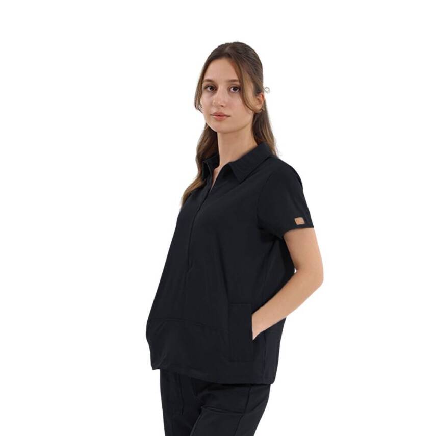 BRL MEDİNİLLA | Tek Üst Yandan Cepli Gizli Fermuar Polo Yaka Doktor Hemşire Cerrahi Forma Siyah